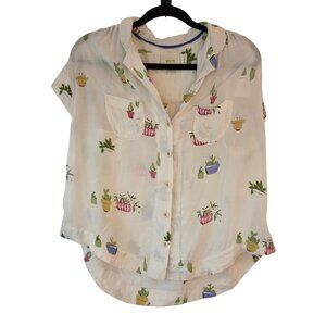 Maeve Anthropologie Cactus Floral Short Sleeve Blouse Top White Women's M